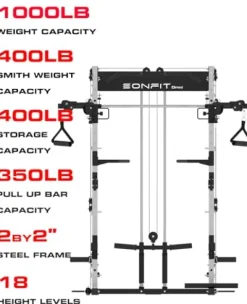 EonfitOmni Smith Machine Squat Rack Cable Crossover Pulley System Home Gym Equipment Black with Red Bench