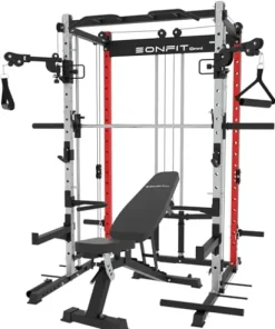 EonfitOmni Smith Machine Squat Rack with Cable Crossover Red/Black Bench