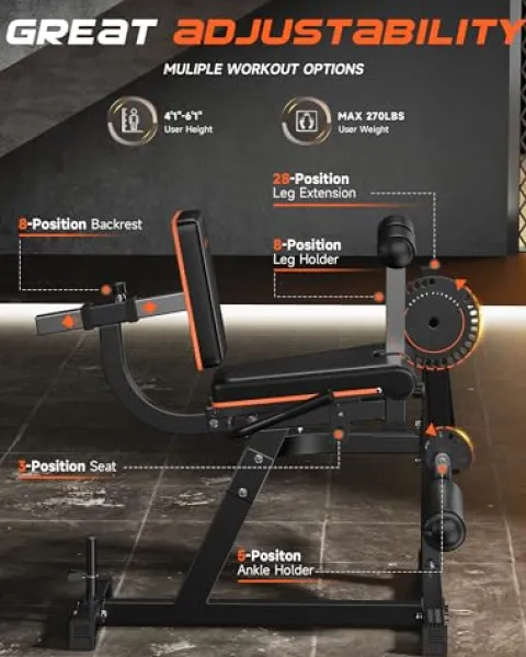 FEIERDUN 3-in-1 Adjustable Leg Extension and Curl Machine Black and Orange