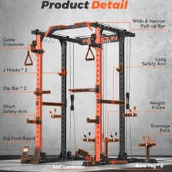 FEIERDUN Multi-Function Squat Rack Power Cage with Cable Crossover, 2000LBS Capacity, Orange/Black