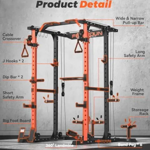 FEIERDUN Multi-Function Squat Rack Power Cage with Cable Crossover, 2000LBS Capacity, Orange/Black