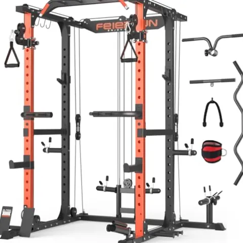 FEIERDUN Multi-Function Squat Rack Power Cage with Cable Crossover, 2000LBS Capacity, Orange/Black