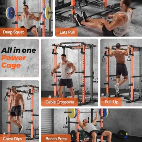 FEIERDUN Multi-Function Squat Rack Power Cage with Cable Crossover, 2000LBS Capacity, Orange/Black