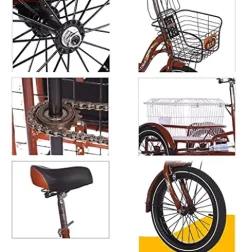 FGVDJ Adult Tricycle 16″ Trike Cruiser Bike 1 Speed Cargo Cycling with Light & Basket Brown