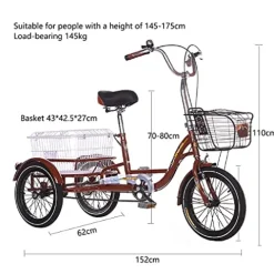 FGVDJ Adult Tricycle 16″ Trike Cruiser Bike 1 Speed Cargo Cycling with Light & Basket Brown