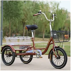 FGVDJ Adult Tricycle 16″ Trike Cruiser Bike 1 Speed Cargo Cycling with Light & Basket Brown