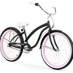 Firmstrong Bella Fashionista 3-Speed Beach Cruiser Bicycle 26-Inch Matte Black/Pink Rims
