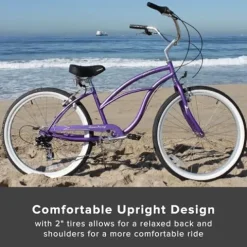 Firmstrong Urban Women’s Beach Cruiser Bike, 7 Speed, 26 Inch, Purple w/ Black Seat
