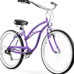 Firmstrong Urban Women’s Beach Cruiser Bike, 7 Speed, 26 Inch, Purple w/ Black Seat