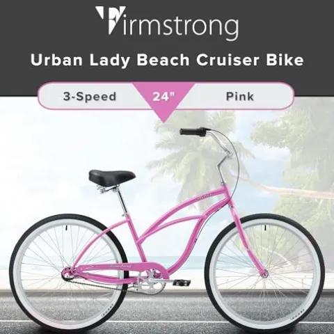 Firmstrong Urban Women’s Beach Cruiser Bike 3 Speed 24 Inch Pink w/ Black Seat/Grips