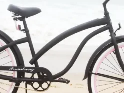 Firmstrong Women’s Beach Cruiser Bicycle Single Speed 26 Inch Matte Black/Pink Rims