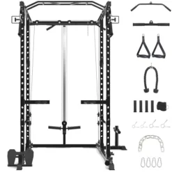Flarhetoric Power Cage 2000 Lbs Squat Rack with Cable System & LAT Pull Down, Black