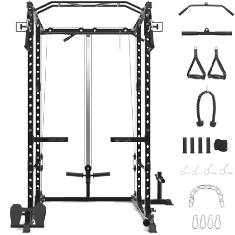Flarhetoric Power Cage 2000 Lbs Squat Rack with Cable System & LAT Pull Down, Black