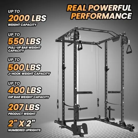 Flarhetoric Power Cage 2000 Lbs Squat Rack with Cable System & LAT Pull Down, Black