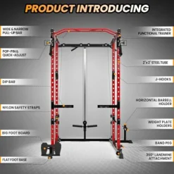 Flarhetoric Power Cage 2000 Lbs Home Gym Squat Rack with Cable Cross-Over & LAT Pull Down Black and Red