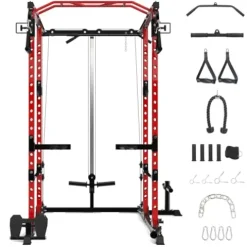 Flarhetoric Power Cage 2000 Lbs Home Gym Squat Rack with Cable Cross-Over & LAT Pull Down Black and Red
