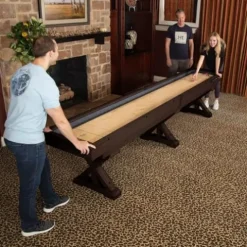 Freetime Fun 12 FT Multi-Game Shuffleboard Table Solid Wood with Bowling Pin Set Espresso