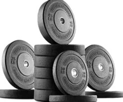 French Fitness Olympic Bumper Plate Set with 7 ft Olympic Bar 415 lbs + Bench