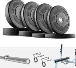 French Fitness Olympic Bumper Plate Set 235 lbs + Bench (New)