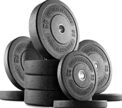 French Fitness Olympic Bumper Plate Set w/7 ft Olympic Bar 325 lbs + Bench (New)