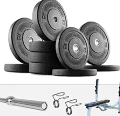French Fitness Olympic Bumper Plate Set w/7 ft Olympic Bar 325 lbs + Bench (New)