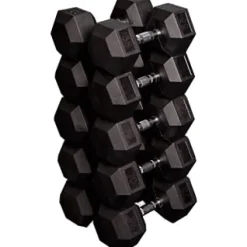 French Fitness Rubber Coated Hex Dumbbell Set 55-75 lbs Black