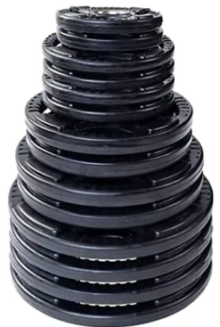 French Fitness Rubber Grip Weight Plate Set w/7 ft Olympic Bar 395 lbs + Bench