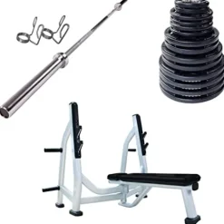 French Fitness Rubber Grip Weight Plate Set w/7 ft Olympic Bar 395 lbs + Bench