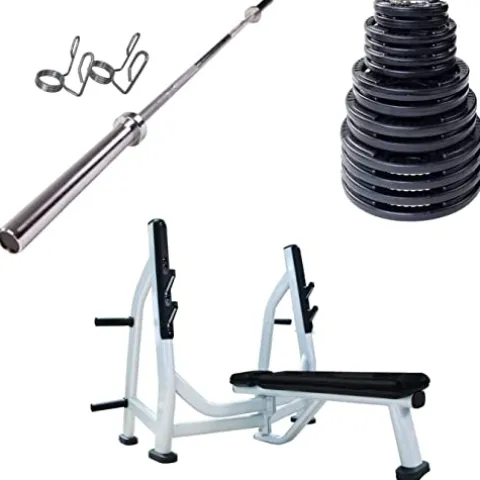 French Fitness Rubber Grip Weight Plate Set w/7 ft Olympic Bar 395 lbs + Bench