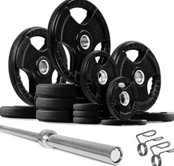 French Fitness Rubber Grip Weight Plate Set w/7 ft Olympic Bar 395 lbs + Bench