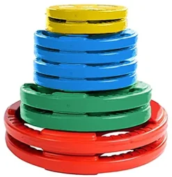 French Fitness Rubber Grip Weight Plate Set with Olympic Bar 235 lbs + Bench