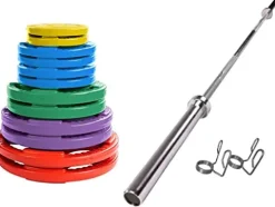 French Fitness Rubber Grip Weight Plate Set w/7 ft Olympic Bar 305 lbs