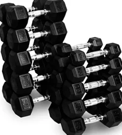 French Fitness Rubber Hex Dumbbell Set with Bench + 3 Tier Dumbbell Rack (New)