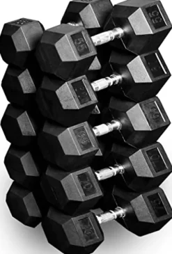 French Fitness Rubber Hex Dumbbell Set with Bench + 3 Tier Dumbbell Rack (New)