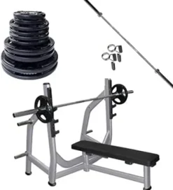 French Fitness Weight Plate Set w/ Olympic Bar 235 lbs + Bench Silver