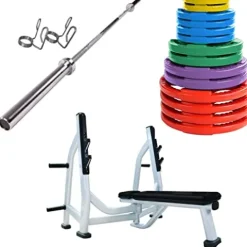 French Fitness Weight Plate Set with Olympic Bar 395 lbs + Bench