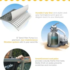 Funsicle Oasis Designer Round Frame Above Ground Pool with Filter Pump and Cover Dark Herringbone