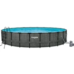 Funsicle Oasis Designer Round Frame Above Ground Pool with Filter Pump and Cover Dark Herringbone