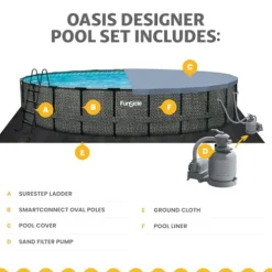Funsicle Oasis Designer Round Frame Above Ground Pool with Filter Pump and Cover Dark Herringbone