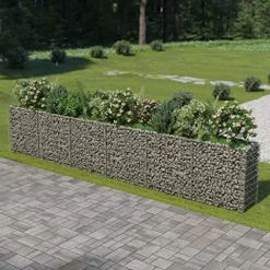 Gabion Raised Bed Galvanized Steel 212.6″x19.7″x39.4″ with Self-Watering Ceramic Flower Pots White Black