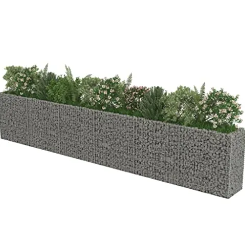 Gabion Raised Bed Galvanized Steel 212.6″x19.7″x39.4″ with Self-Watering Ceramic Flower Pots White Black