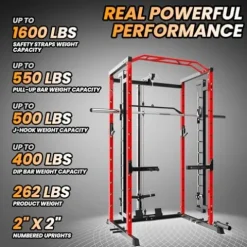 GarveeLife Power Cage SmithBar Rack 1600 LBS with LAT Pulldown & Cable System Red