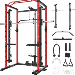 GarveeLife Power Cage SmithBar Rack 1600 LBS with LAT Pulldown & Cable System Red