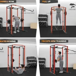 GarveeLife Power Cage SmithBar Rack 1600 LBS with LAT Pulldown & Cable System Red