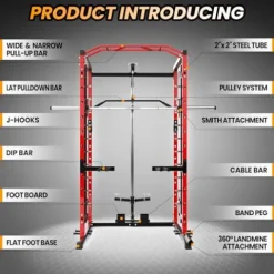 GarveeLife Power Cage SmithBar Rack 1600 LBS with LAT Pulldown & Cable System Red