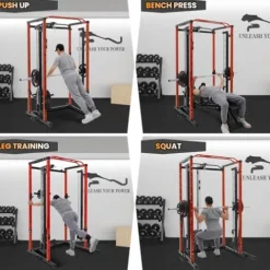 GarveeLife Power Cage SmithBar Rack 1600 LBS with LAT Pulldown & Cable System Red