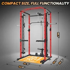 GarveeLife Power Cage SmithBar Rack 1600 LBS with LAT Pulldown & Cable System Red