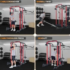 GarveeLife Power Cage Smith Machine Multi-Functional Rack with Lat Pulldown Red