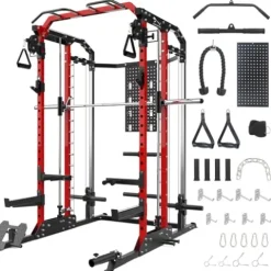GarveeLife Power Cage Smith Machine Multi-Functional Rack with Lat Pulldown Red