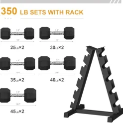GarveeLife Premium Rubber Coated Hex Dumbbell Set with Rack 350lbs Black